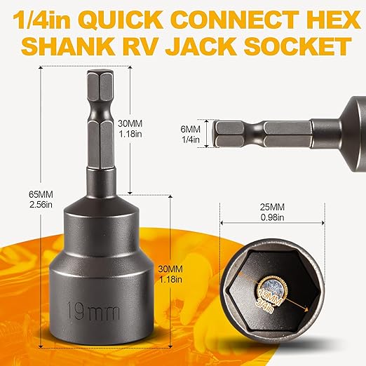 2 Packs Leveling Scissor RV Jack Socket, Premium Drill Adapter with 1/4in Quick Connect Hex Shank, Compatible with 3/4in(19mm) Hex Drive Jacks, Power Nut Driver Bit Set