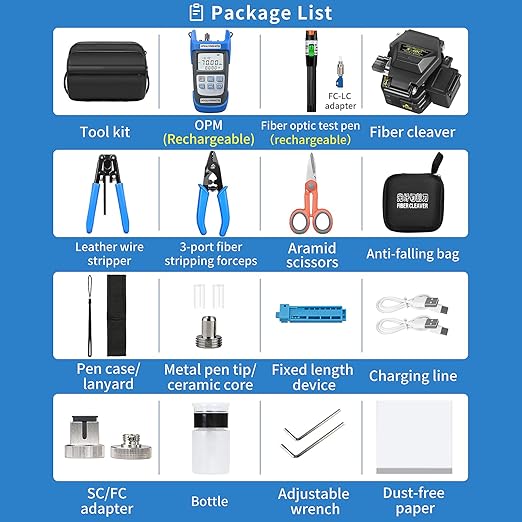Fiber Optic Terminal kit 10-in-1 FTTH Tool kit Equipped with S-60C Optical Fiber Cleaver and Rechargeable Optical Power Meter A-C710A (-70~+10dBm) Well as Stripper Fibre Tool kit