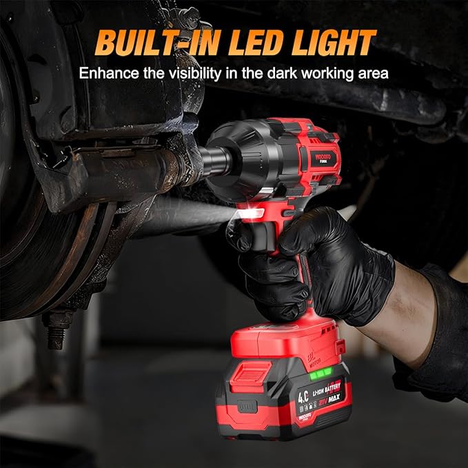 1200N.m (900ft-lbs) Cordless Impact Wrench, 1/2 High Torque Brushless Impact Drill with 3000RPM Power, 2 x 4.0Ah Batteries, Fast Charger, Variable Speeds for Car/Truck RV/Mower (Red)