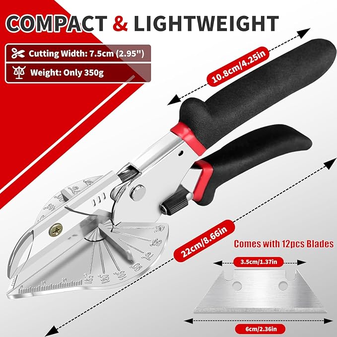 Multi Angle Miter Shear - Upgrade Quarter Round Cutting Tool with 12pcs Replacement Sharp Blades, 45-135째 Adjustable Angle, Trim Cutter Hand Tool for Plastic, Wood Trim Molding (Black Red Handle)