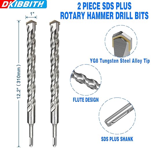 2-Pack SDS Plus Masonry Drill Bits 1Inch x 12 Inch Long Rotary Hammer Drill Bits Carbide Tipped for Concrete Brick Cement Stone Block.