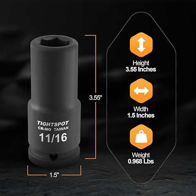 TIGHTSPOT 3/4" Drive 11/16 Inch SAE Deep Impact Socket Heavy Duty CR-MO Jumbo Socket 6 Point Automotive Truck and Heavy Equipment Repair