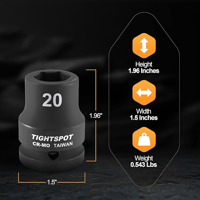 TIGHTSPOT 3/4" Drive 20mm Shallow Impact Socket CR-MO Jumbo Socket 6 Point Strong and Durable for Automotive Truck and Heavy Equipment Repair