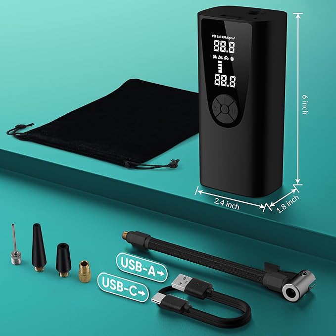 Tire Inflator Portable Air Compressor-Car Tire Air Pump Portable-180PSI Cordless Electric 3X Fast Inflation, Tire Inflator with Gauge, LED, for Bike, Motorcycle, Ball