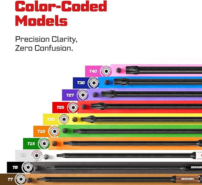 13Pcs Torx Screwdriver Bits Set, 6?쒭ouble Impact Magnetic S2 Steel Long Extension Star Driver Bits Set (T7-T40) with Color Coded Base