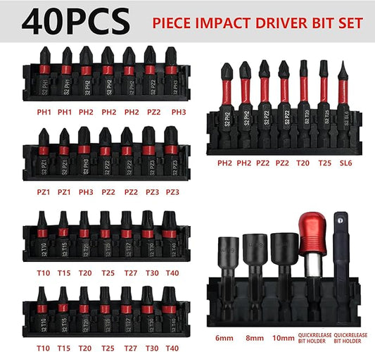 Greywolf Impact Driver Bit Set, 40 Piece 1/4" Impact Driver Bit Set, S2 Magnetic Magnetic S2 Steel Phillips/Slotted/Square/Torx Driver Bits with Retractable Bit Holder and Magnetic Nut Driver