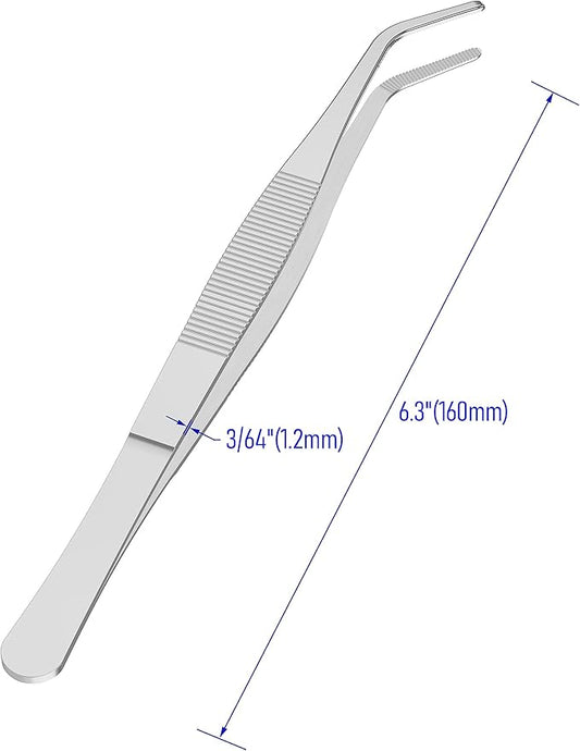 5 PCS 5.5 Inch Stainless Steel Tweezers, Curved Round Blunt Serrated Tip, Perfectly Aligned, 3/64 Inch Thickness Stainless Steel, Multipurpose Daily Garden Home Lab Craft Repairing Tool