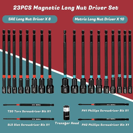 LLNDEI 23PCS Magnetic Nut Driver Set | Full Size 6-Inch Long Nut Driver Set | Metric 6-15mm, SAE 1/4"-9/16" | 1/4" Hex Shank | Long Power Bits, PH1, PH2, SL5, T20 | Cr-V Steel