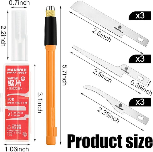 Honoson Mini Hand Saw Model Tools Small Hobby Saw Blades Kit with 9 Tiny Razor Hacksaw Blades for Miniatures, Modeling, DIY Crafts, Plastic Models, Wood(Style 1,Yellow)