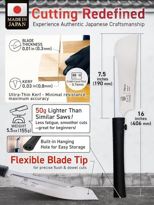 HIBINO Japanese Pull Saw 7.5” Kataba Hand Saw | Fine Crosscut Teeth | Lightweight, Single-Edge Blade for Precision Woodworking, Joinery & Detail Projects | Replaceable Blade | Made in Japan