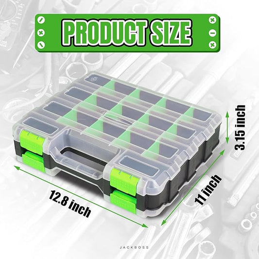 Tool Box with Transparent Lid, Double Side 34-Compartments Organizer Box with Removable Dividers for Hardware, Screws, Bolts, Nails, Beads, Jewelry and Fishing Accessories, Green, 4 Pack
