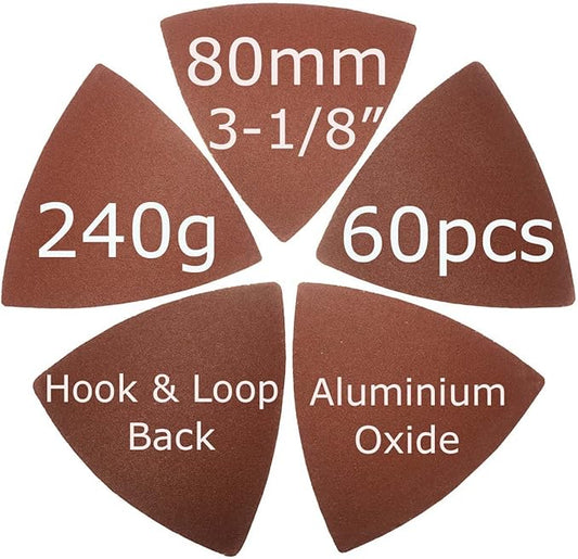 XXGO 60 Pcs 240 Grits 3-1/8 Inch 80mm Triangular Oscillating Tool Sanding Paper for Wood Sanding Fit 80mm Triangular Multi Tool Sanding Pads XG8020240