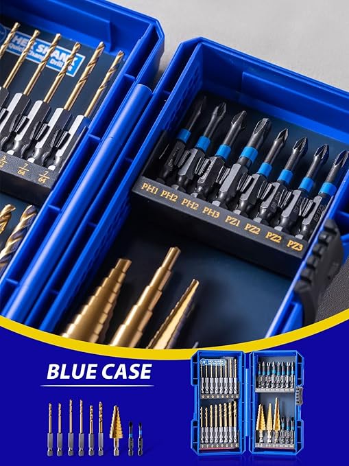 Handree 30pcs Impact Bit Set, Screwdriver Bit Set 11pcs, Hex Shank Drill Bit Set 16pcs, Step Drill Bit 3pcs, High Speed Steel Materialand Titanium Coating, S2 Alloy Steel Bits with Index Box