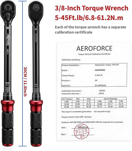AEROFORCE 3/8-Inch Drive Torque Wrench竊?-45 lb.ft / 6.8-61.2 Nm),72 Tooth Dual Direction Reversible Ratchet, Dual Range Scales, Precision Calibrated for Bike, Motorcycle and Car Repair
