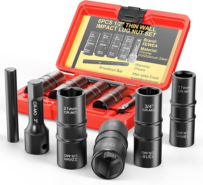 6PCS Lug Nut Impact Socket Set, XEWEA 1/2" Drive 8-IN-4 Flip Socket Design Metric 17 19 21 22 mm & SAE 3/4 13/16 7/8 15/16 in,Dual-End Thin Wall Nut Sockets with 3" Extension Bar & Knockout Bar