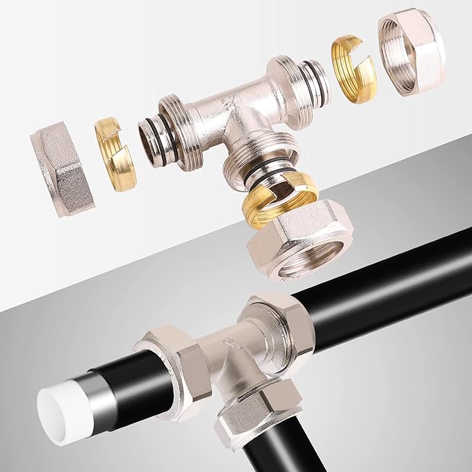 2PCS 3/4?쇺?Tee Air Piping Fittings, 3/4?쇺?Tubing x 3/4?쇺?Tubing x 3/4?쇺?Tubing, Brass-Nickel Plated, 200PSI Working Pressure, Air Line Fittings for Shop Garage Compressed Air Tube System
