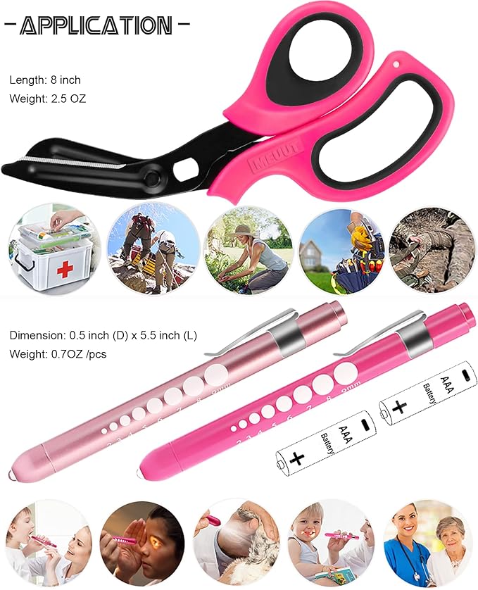 MEUUT 3 Pack Pen light & Medical Scissors-One Pantented Trauma Scissor Two LED Penlight with Pupil Gauge -8" Bandage Scissor for Nurse Doctor EMT