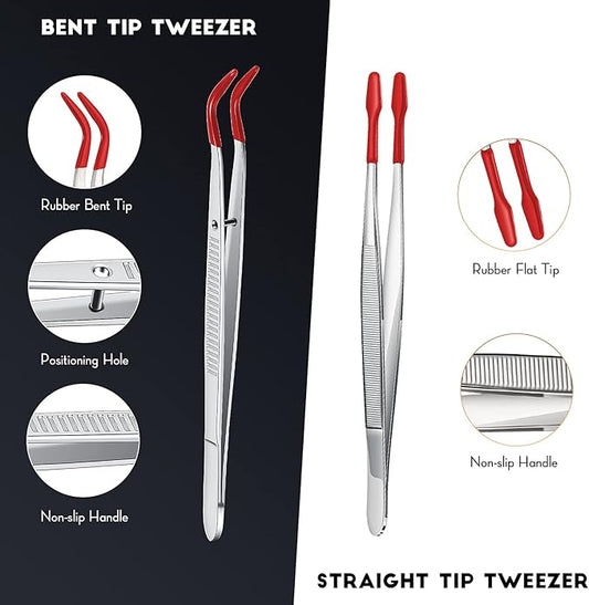 2 Piece Tweezers with Rubber Tips Set - Bent and Straight Flat Tips Tweezers PVC Coated for Stamp Coins Jewelry Crafts, Electronics(Silver, Red)