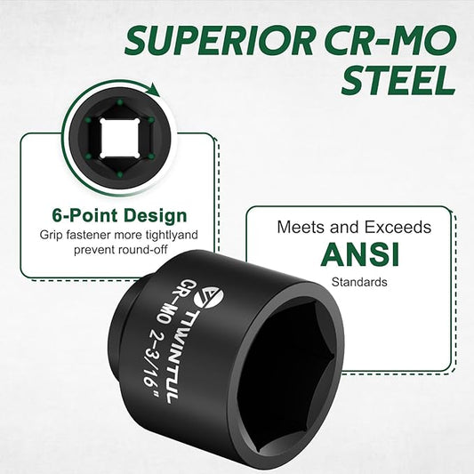 2-3/16'' Impact Socket 1" Drive, Deep 6 Point Large Impact Socket, CR-MO Weighted Big Socket, Heavy Duty 1 Inch Socket for Semi Truck, Hydraulic Cylinder, Oil Rig & Rail Equipment