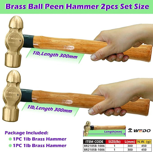 WEDO 2PCS Brass Ball Peen Hammer Set, 16 oz+16 oz(1lb+1lb), Brass Ball Pein Hammer Set with Wooden Handle, Die-Forged, Corrosion Resistant, DIN Standard