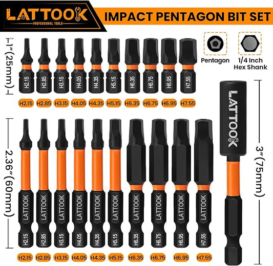 Impact Pentagon Bit Set, LATTOOK 21-Pieces Metric 5 Sided Tamper Proof Security Bit Set, 1/4" Hex Shank Magnetic S2 Steel, 2.3'' & 1'' Long