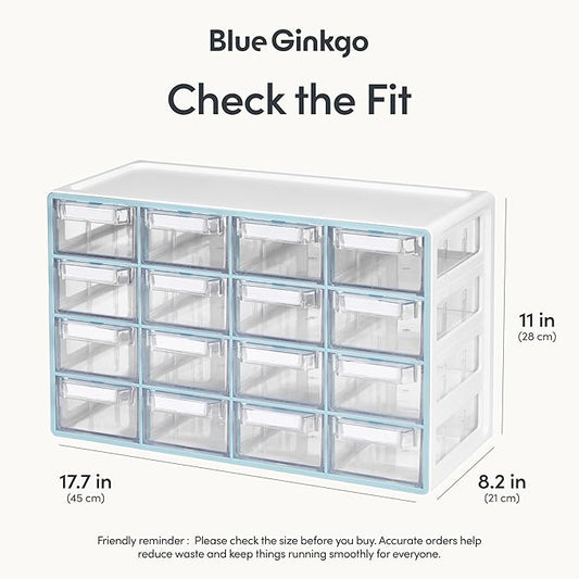Blue Ginkgo Medium 16-Drawer Cabinet ??Stackable Clear Organizer for Hardware, Beads, Plastic Bricks, Office, and Craft Storage (Made in Korea, Blue)
