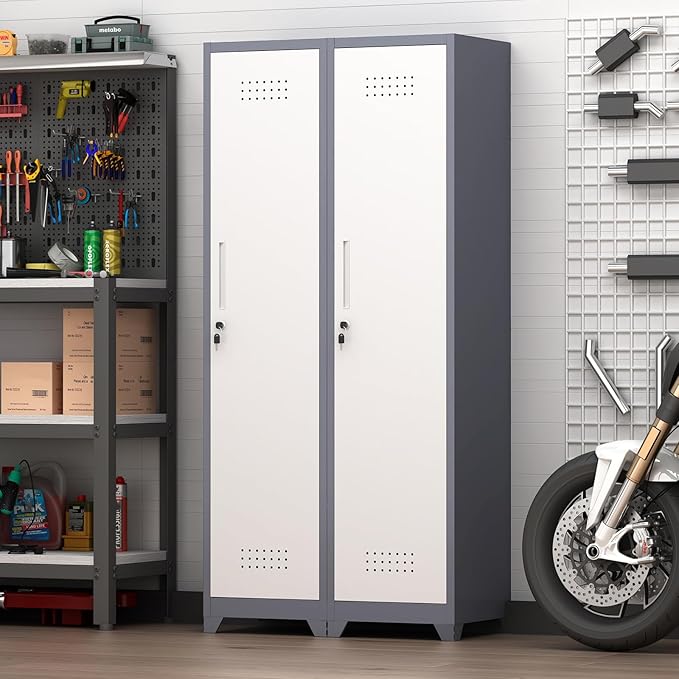 GREATMEET Broom Closet Storage Cabinet, 65'' Slim Metal Single Door Lockable Cleaning Storage Cabinet for Brooms, Mops & Cleaning Supplies, Utility Storage Cabinet for Garage, Laundry Room, White&Grey