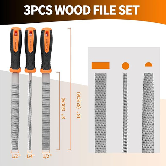KUZURYU Woodworking Rasp Set – 3PCS Multi-Shape Precision Wood Files(Flat, Half-Round, Round) with Ergonomic Handles for Carpentry, DIY, and Wood Restoration