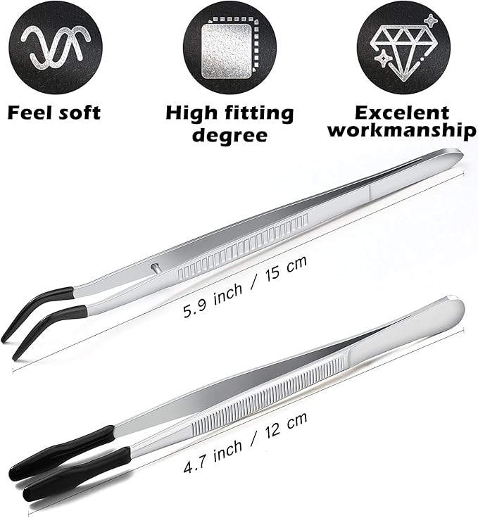 2 Pieces Bent Tip Tweezers with Rubber Tips PVC Coated and 2 Pieces Tweezers Rubber Coated PVC Soft Non Marring Flat Tips Lab Hobby Jewelry Craft Stainless Steel Tool(Black)