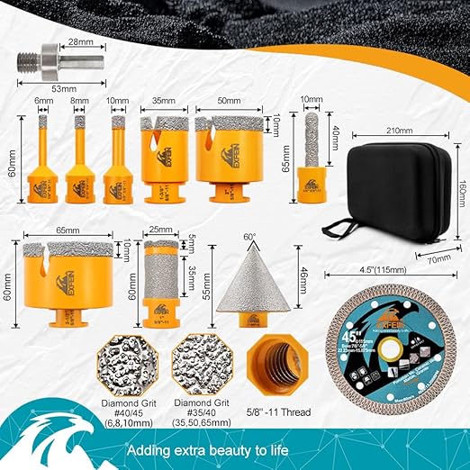 Diamond Tile Hole Saw Kit 12pcs - 6/8/10/25/35/50/65mm Core Drill Bits,10mm Milling Bit and 2" Chamfer Bit with Hex Adapter and 4.5" 2pcs Diamond Blade and for Tile Porcelain Marble