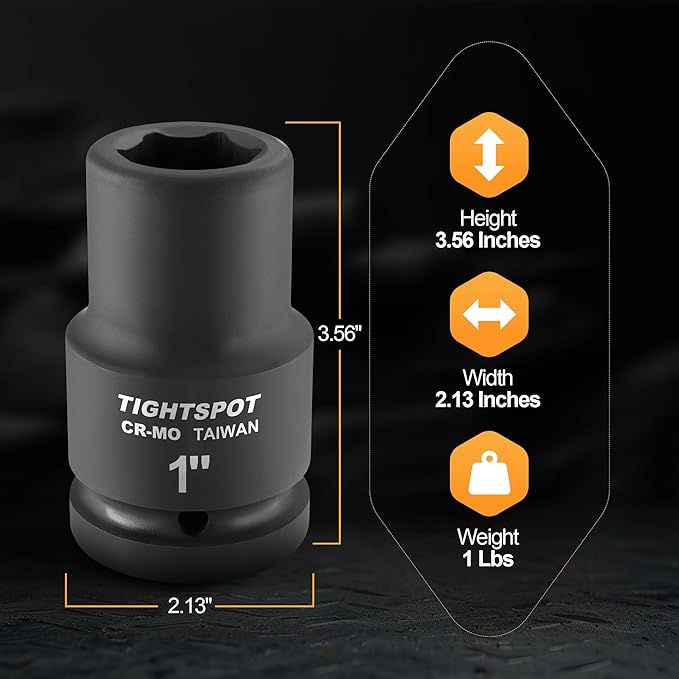 TIGHTSPOT 1" Drive Deep Impact Socket 1 Inch SAE Professional CR-MO Jumbo Socket 6 Point Built for Automotive Truck and Equipment Service