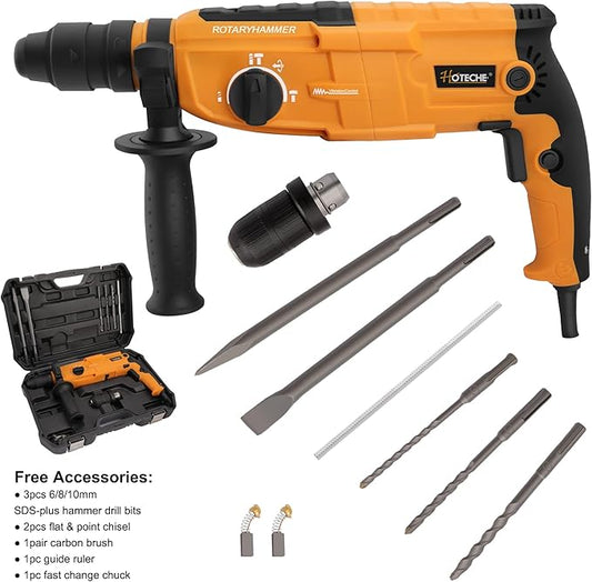 Hoteche 3-in-1 Rotary Hammer Drill 1-Inch SDS Plus Electric Hammer 6.7-Amp/800W Variable Speed Corded Power Hammer Drill Demolition Jack Hammer for Concrete with Extra 1/2 Chuck, Drill Bits & Chisels