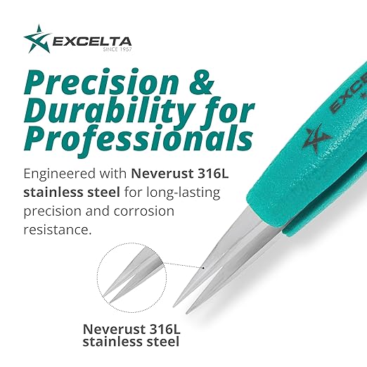 Excelta 00-SA-ET Stainless Steel Precision Tweezers, Straight Medium Point, Anti-Magnetic, ESD-Safe, Heat-Resistant, Anti-Static, Ergonomic, Professional-Grade for Lab, Electronics, Medical & Crafting