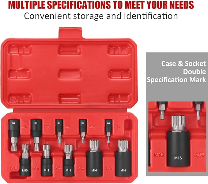10-Piece XZN Triple Square Spline Bit Socket Set, 1/4?? 3/8??and 1/2??Drive M4 - M18 Triple Square Socket Set, S2 Steel Bits and CR-V Sockets With Storage Case