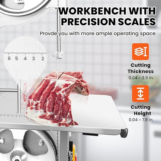 1000W Electric Bone Saw Machine, 18x14" Stainless Steel Worktable, Cuts 0.04-3.9" Thickness, Frozen Meat Cutter with 8 Blades Included, Commercial Bandsaw Machine for Rib Pork Beef