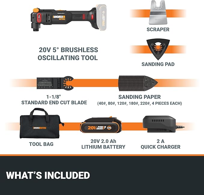 Worx Nitro 20V Cordless Oscillating Multi Tool with 5째 Oscillation Angle, VibraFree Technology, Slim-body Design, 2.0 Ah Battery and Charger Included, 23 Pieces Accessories with Carrying Bag, WX698L