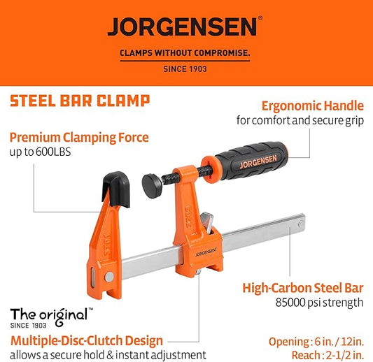 JORGENSEN 4-pack Steel Bar Clamps Set, 6 inch & 12 inch Medium Duty F-Clamp - 600 Lbs Load Limit for Woodworking