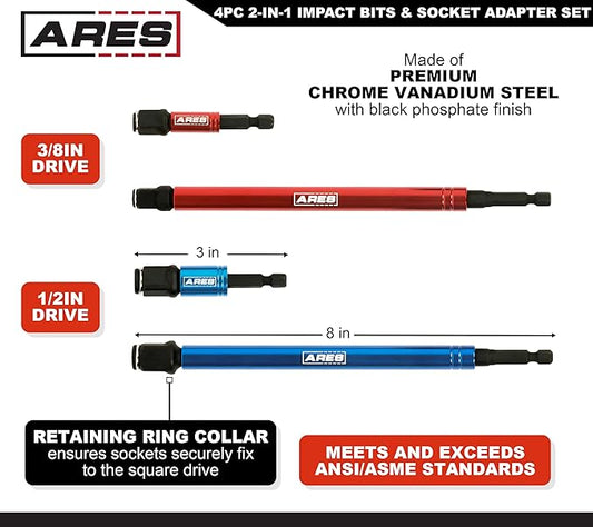 ARES 22028 ??2-in-1 Impact Bit and Socket Adapter Set ??3-Inch and 8-Inch Adapters - Unique Design Holds Standard 1/4-Inch Hex Bits and 3/8-Inch Drive Sockets ??Spinning Sleeve Stabilizes Adapter