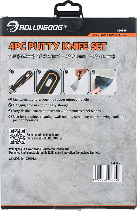 ROLLINGDOG 4PC Putty Knife Set(1.5",3",4",6") - Putty Knives Spackle Knife Great for Putty Scraper, Cleaning, Spreading on Drywall Repairs