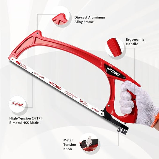 HAUTMEC 12-Inch Pro High Tension Hacksaw with Lightweight One-Piece Die-Cast Aluminium I-Beam Frame, 45°/90° Dual Cutting Angles, Metal Tension Knob, 24 TPI Bi-Metal Blade – HT0101