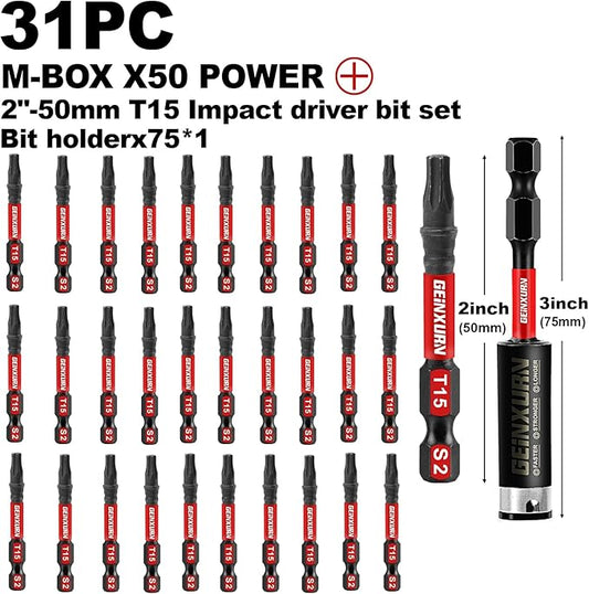 30Pieces 2 In. T15 Impact Tough Magnetic Screwdriver Bit Set, #15 Torx Head Power Bits, S2 Alloy Steel Star Bits with 1Pc Impact Bit Holder and Storage M-Box