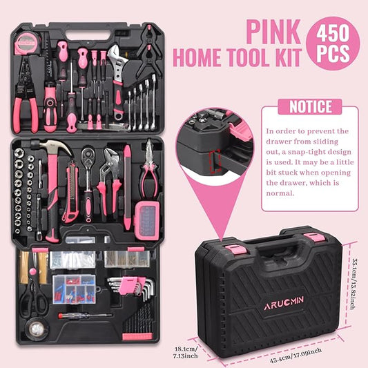 ARUCMIN 450-Piece Pink Tool Set, Home Tool Kit with Toolbox Storage Case Home Repair Tool Kit with Drawer for Women