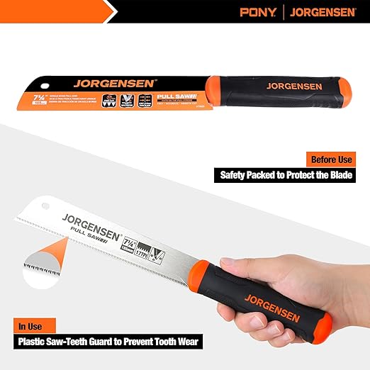 JORGENSEN Japanese Pull Saw, 7.25" Hand Saw Single Edge, 17-TPI SK5 Flexible Blade Handsaws, Flush Cut Saw with Soft Grip Handle for Fine Woodworking & Fast, Precise Cuts