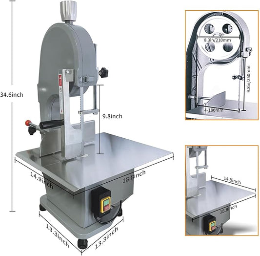 1100W Commercial Electric Meat Bandsaw 110V Electric Bone Saw Machine, Thickness Range 0.16-7.1 Inch, Table Sawing for Cutting Rib, Frozen Meat with 5 Saw Blades and 18.8" x 14.9" Workbench