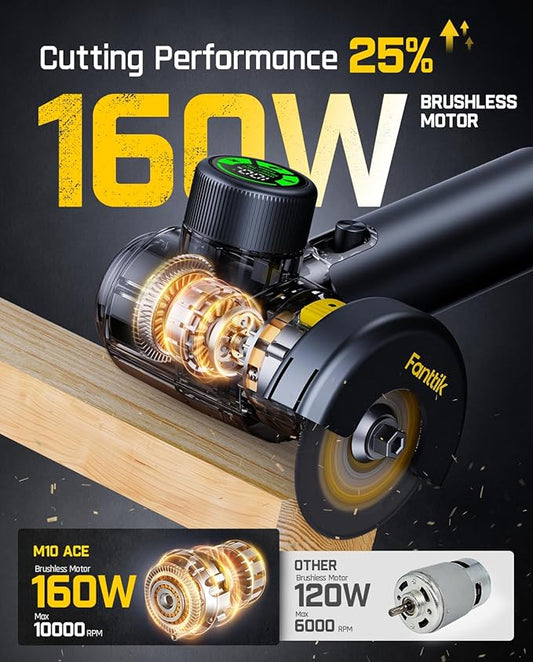 Fanttik M10 ACE Cordless Angle Grinder Brushless, Compact Cut Off Tool with LED Display, 3 Variable Modes, Double Security, Type-C Fast Charging, 10000RPM Mini Cutter with 4 Blades