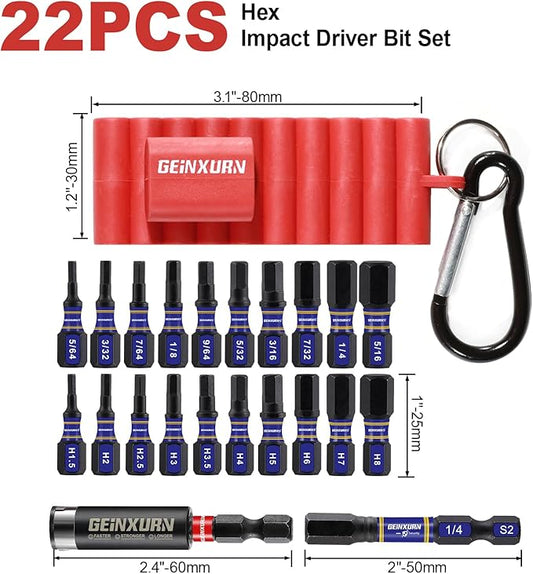 Impact Hex Screwdriver Bits Set,22 Pieces Magnetic SAE S2 Steel Multi Driver Bit Tips with Bit Holder and Storage Organizer