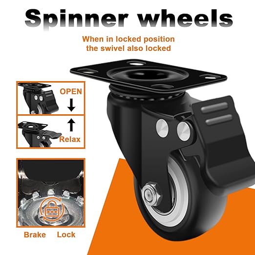 MSH&HCE 2 Inch Heavy Duty Locking Caster Wheels with Brake - 360째 Swivel, 600lb Capacity - Quiet Casters for Furniture, Tables, Workbenches- Includes Screws, washers & Screwdriver(Set of 4)