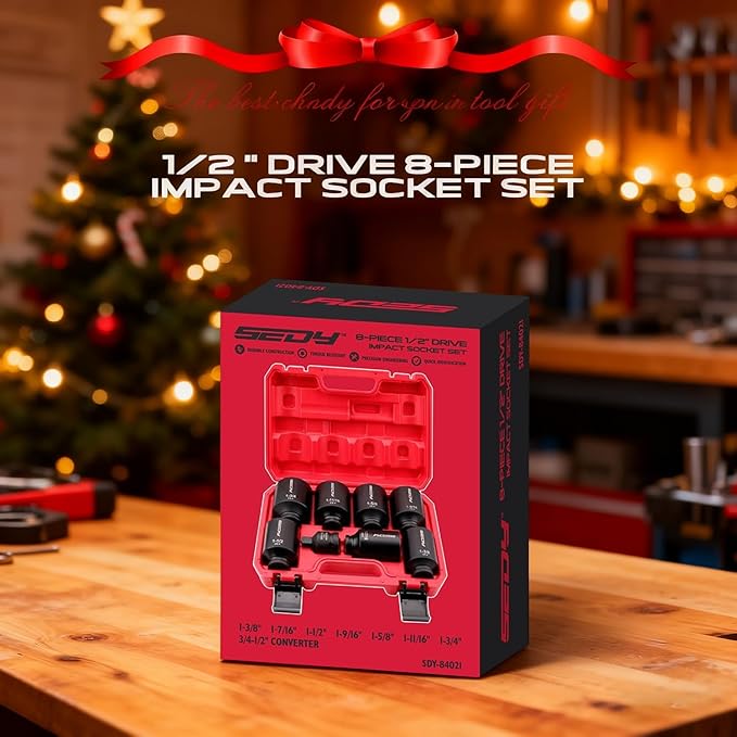 SAE Deep Impact Socket Set 8-Piece 1/2-inch Drive Wheel Axle Nut Wrench Large Sockets Standard Adapter 1-11/16 1-9/16 1-3/8 1-7/16 1-1/2 1-5/8 1-3/4 Imperial Spindle Joint Torque Bearing Locknut Truck