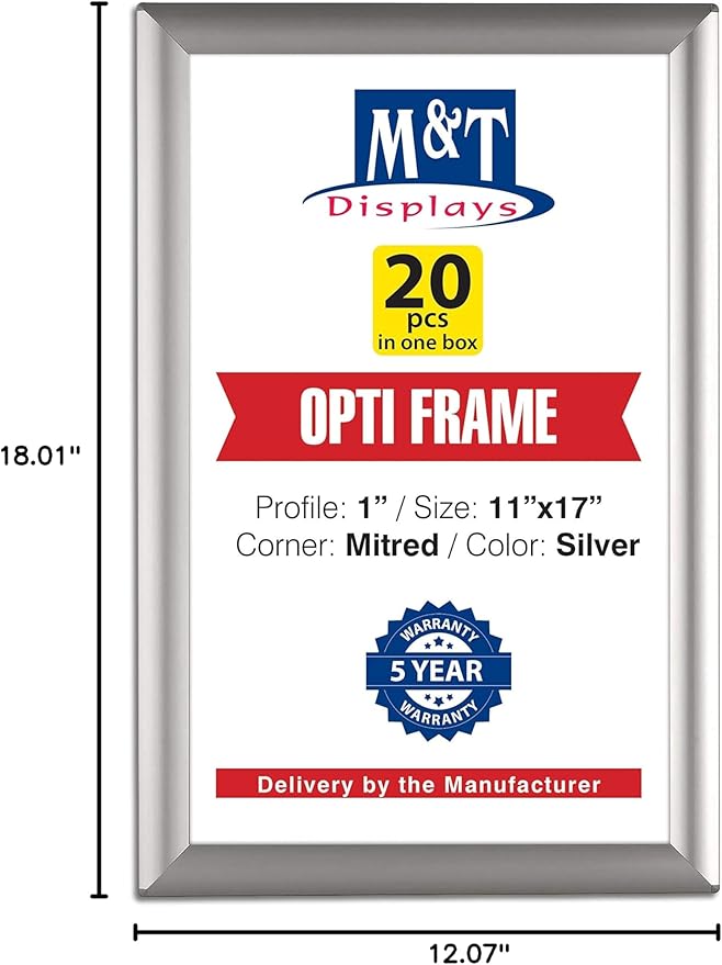 M&T Displays Opti Snap Poster Frame 11x17 Inch Silver 1" Aluminum Profile Front Loading Wall Mounting Photo Picture Document Certificate Sign Holder Mitered Corner Anti Glare Cover (20 pack)