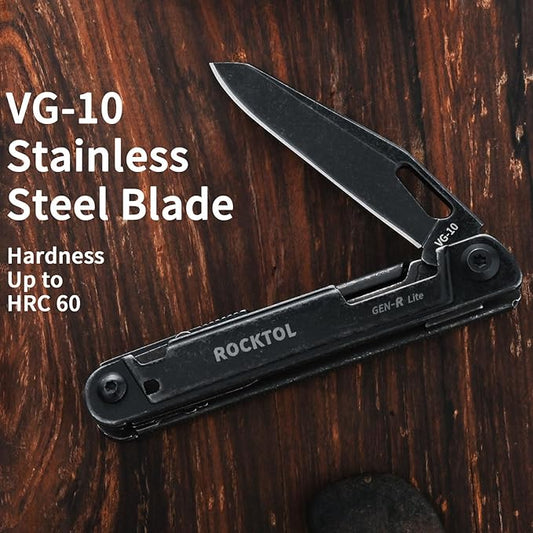 ROCKTOL Multitool Gen-R Lite, Retro Black EDC Pocket Knife VG10 Blade, Compact 15-in-1 Multi-tool with Screwdriver, Large Scissors, Glass Breaker, Leather Sheath, Lightweight for Hiking, Camping